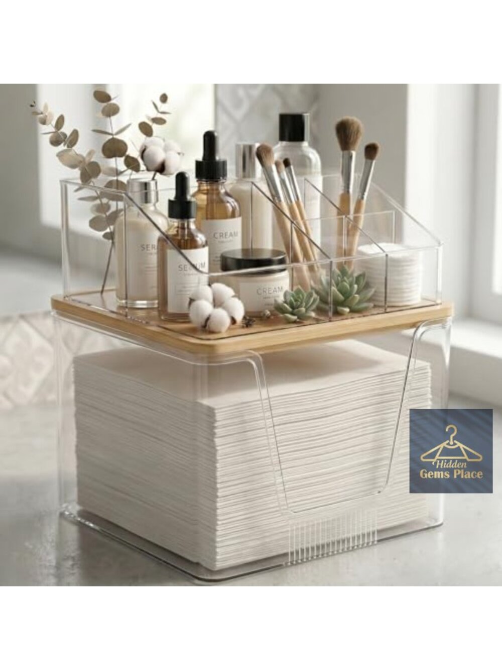 Acrylic Bamboo Disposable Face Towel Holder with Makeup Organizer Dustproof,